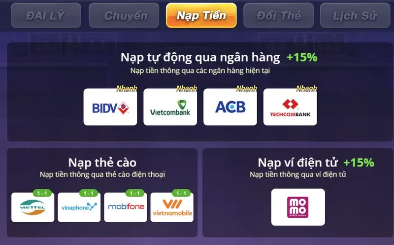 Nạp tiền vào b29.win với đa dạng phương thức